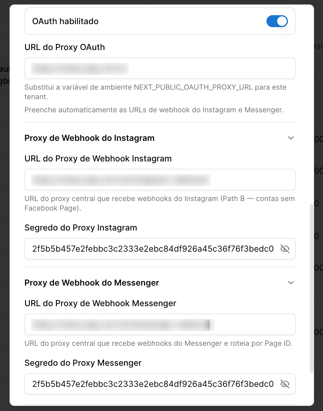 NX DIGITAL - tela de configuração do Tenant - oauth instagram e facebook messenger