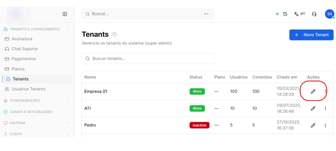 NX DIGITAL - tela de gestão de Tenants - como editar tenant